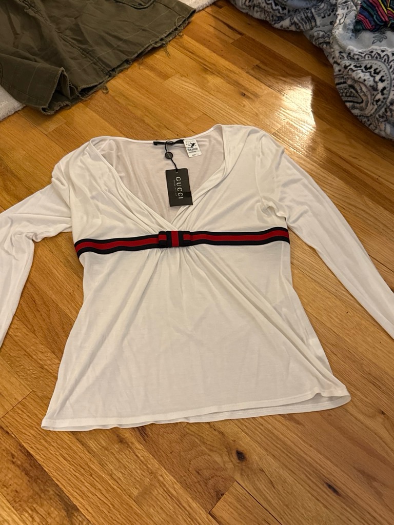 Gucci White Long-Sleeve V-Neck Top With Red And Green Web Stripe